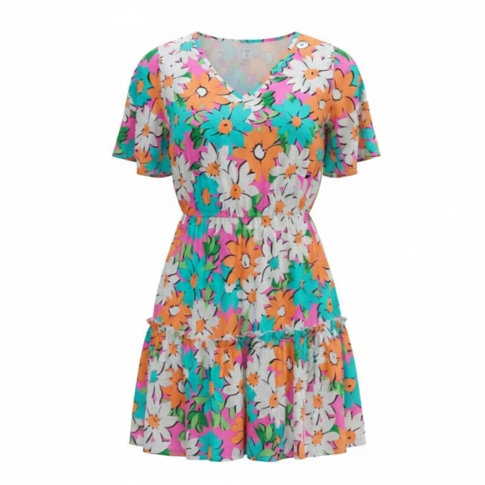 Coral Floral Woven Ruffle Dress